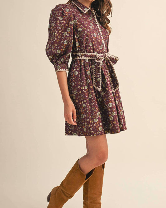 &Merci - Women's Blanket Stitch Puff Sleeve Floral Mini Dress