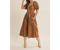 In February - Golden Hour Floral Puff Sleeve Midi Dress With Pockets