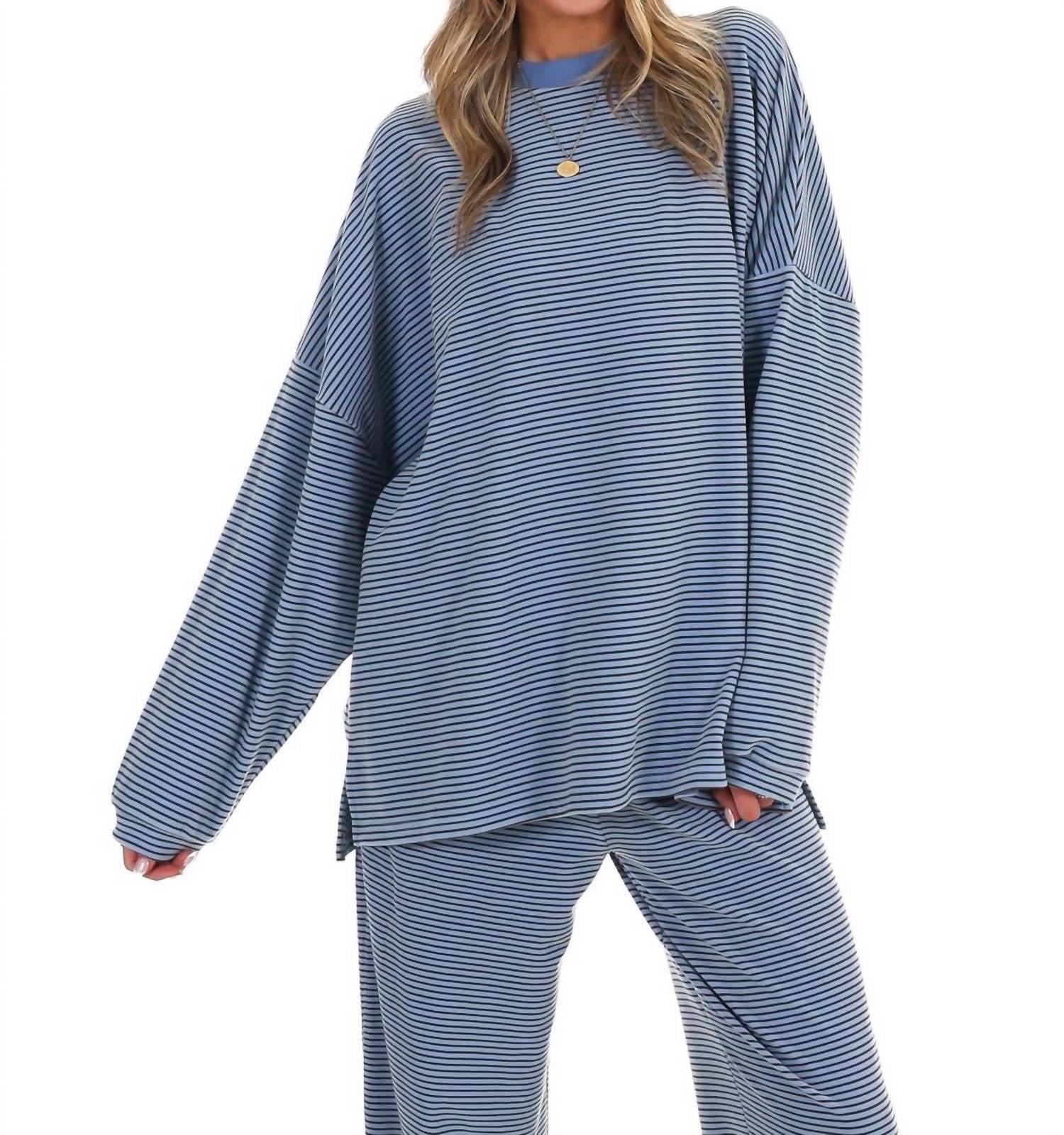 Things Between Homebody Stripe Fleece Top in blue - women's sweater