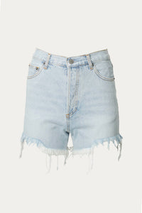 DISTRESSED FRAYED HIGH-RISE DENIM SHORTS