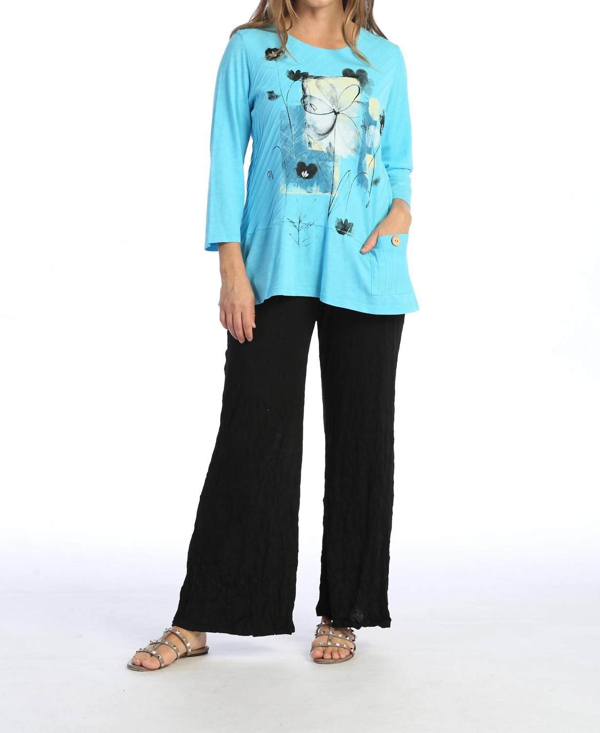 Jess & Jane Love Story Mineral Washed Contrast Cotton Tunic in aqua - women's shirt