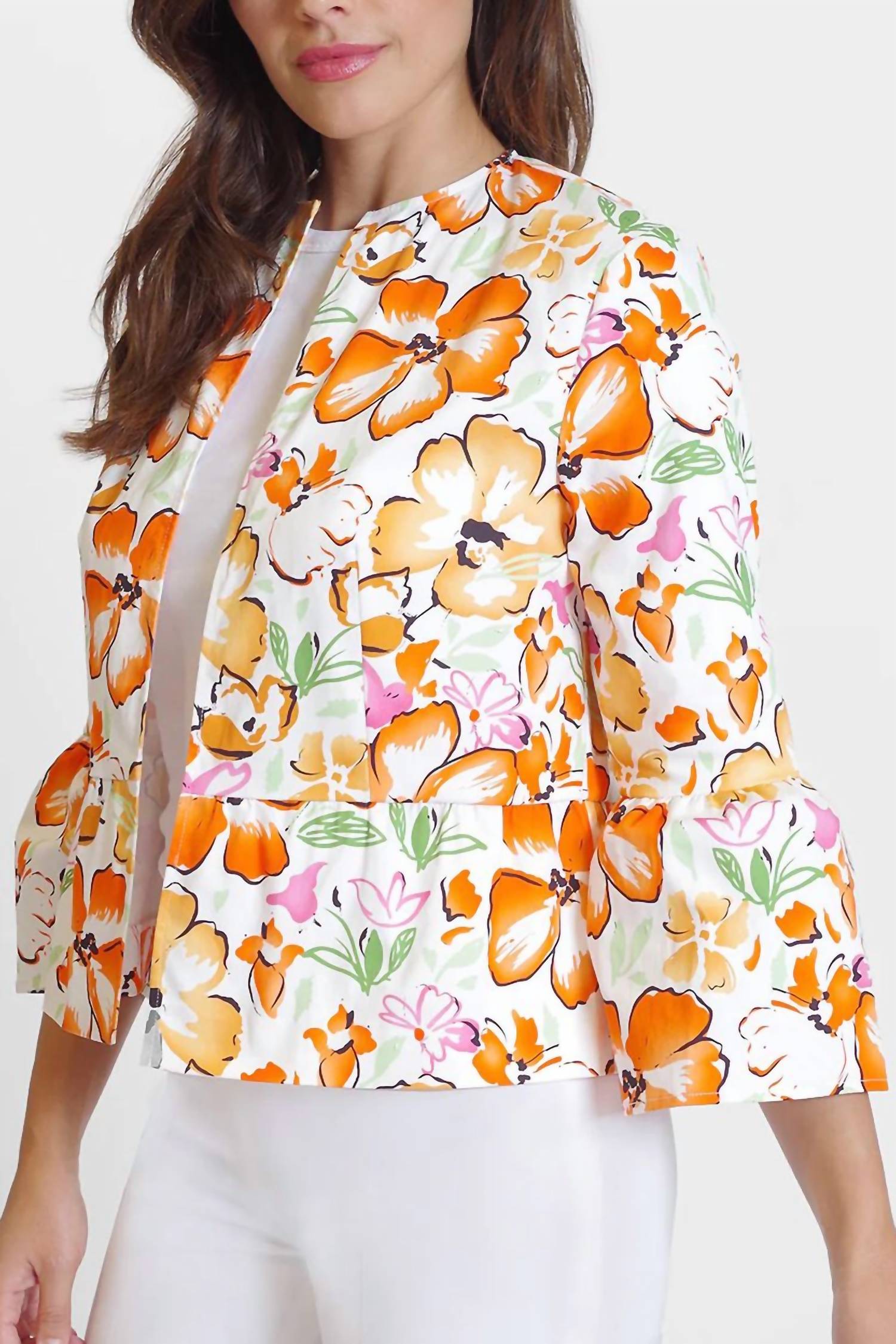 Peace Of Cloth - Open Front Flounce 3/4 Sleeve Crepe Jacket