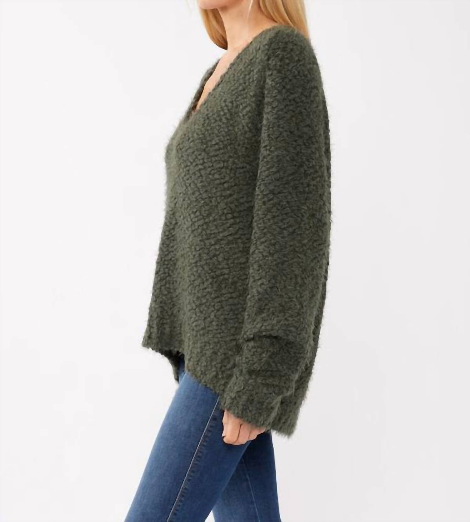 LOVESTITCH Hi-low Fuzzy Sweater in forest green - women's sweater - detail view