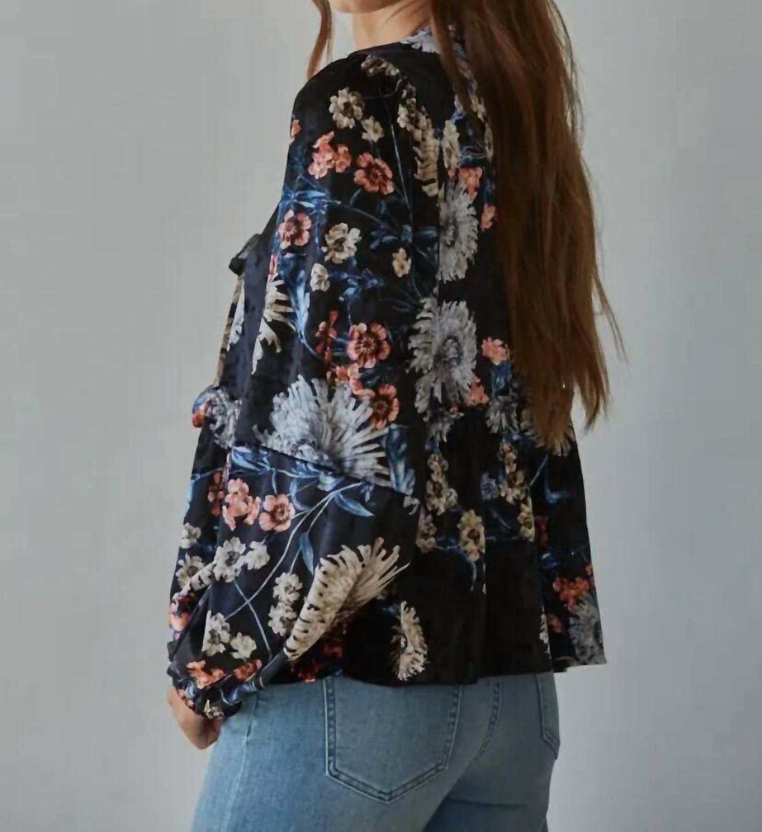 By Together Velvet Floral Print V Neck Open Front Top in black - women's blouse - detail view