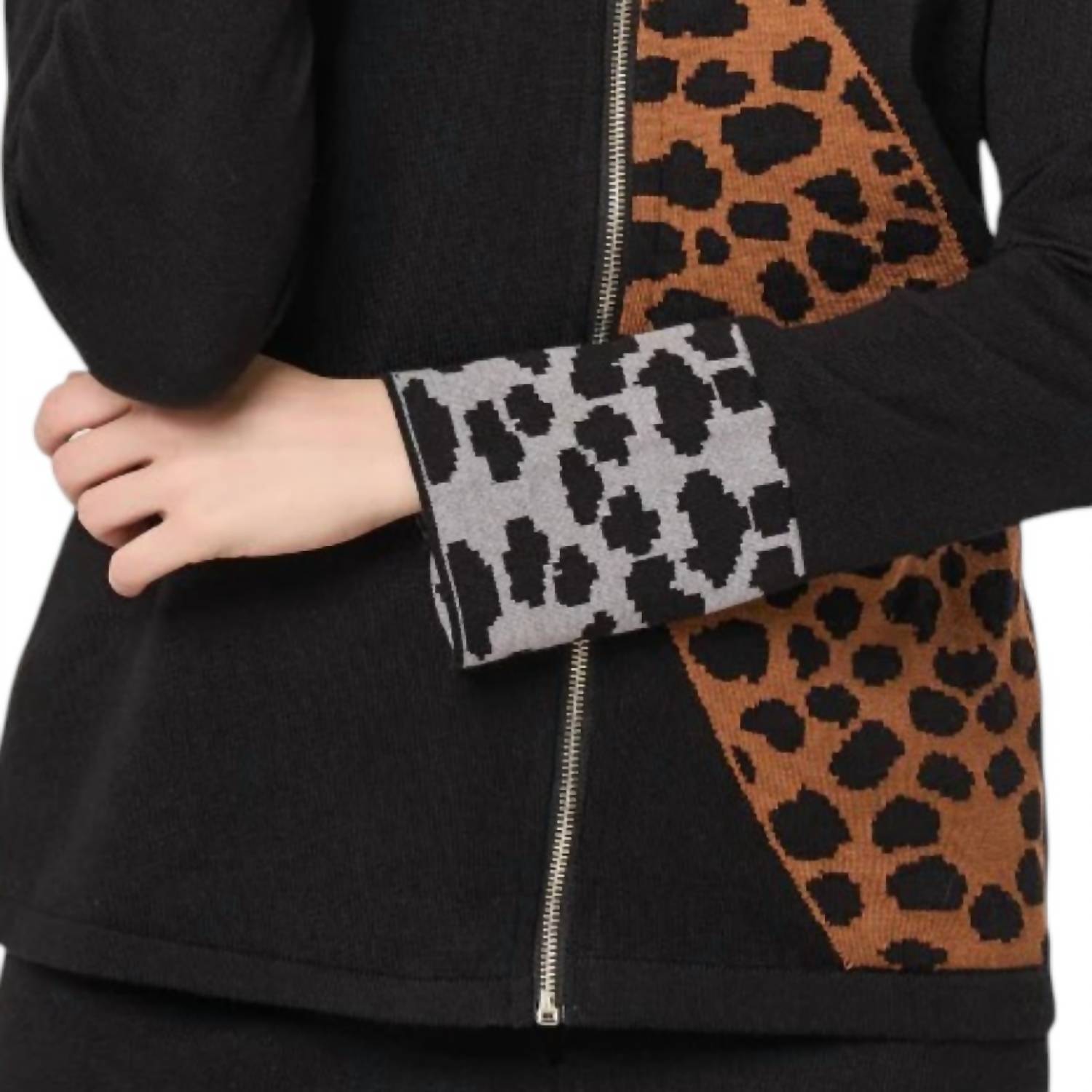 Angel Apparel Animal Print Zip Up Jacket in black brown multi - women's jacket - detail view