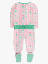 RuffleButts Baby Girl's Clover Bows & Wishes Footed Ruffle One-piece Pajama in pink - kids' item - detail view