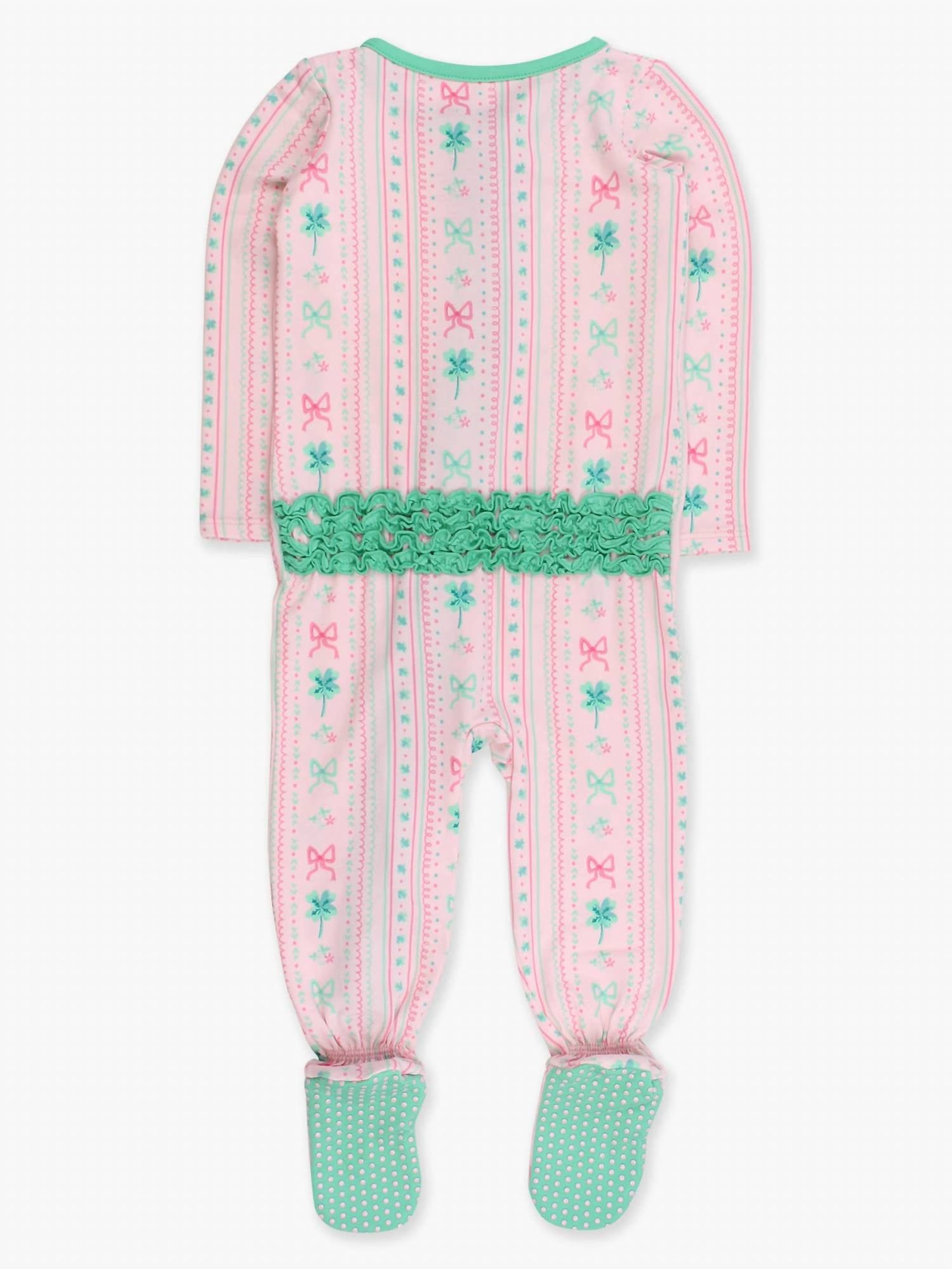 RuffleButts Baby Girl's Clover Bows & Wishes Footed Ruffle One-piece Pajama in pink - kids' item - detail view