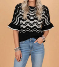 1 The Woman - Wavy Crochet Ruffle Half Sleeve Sweater