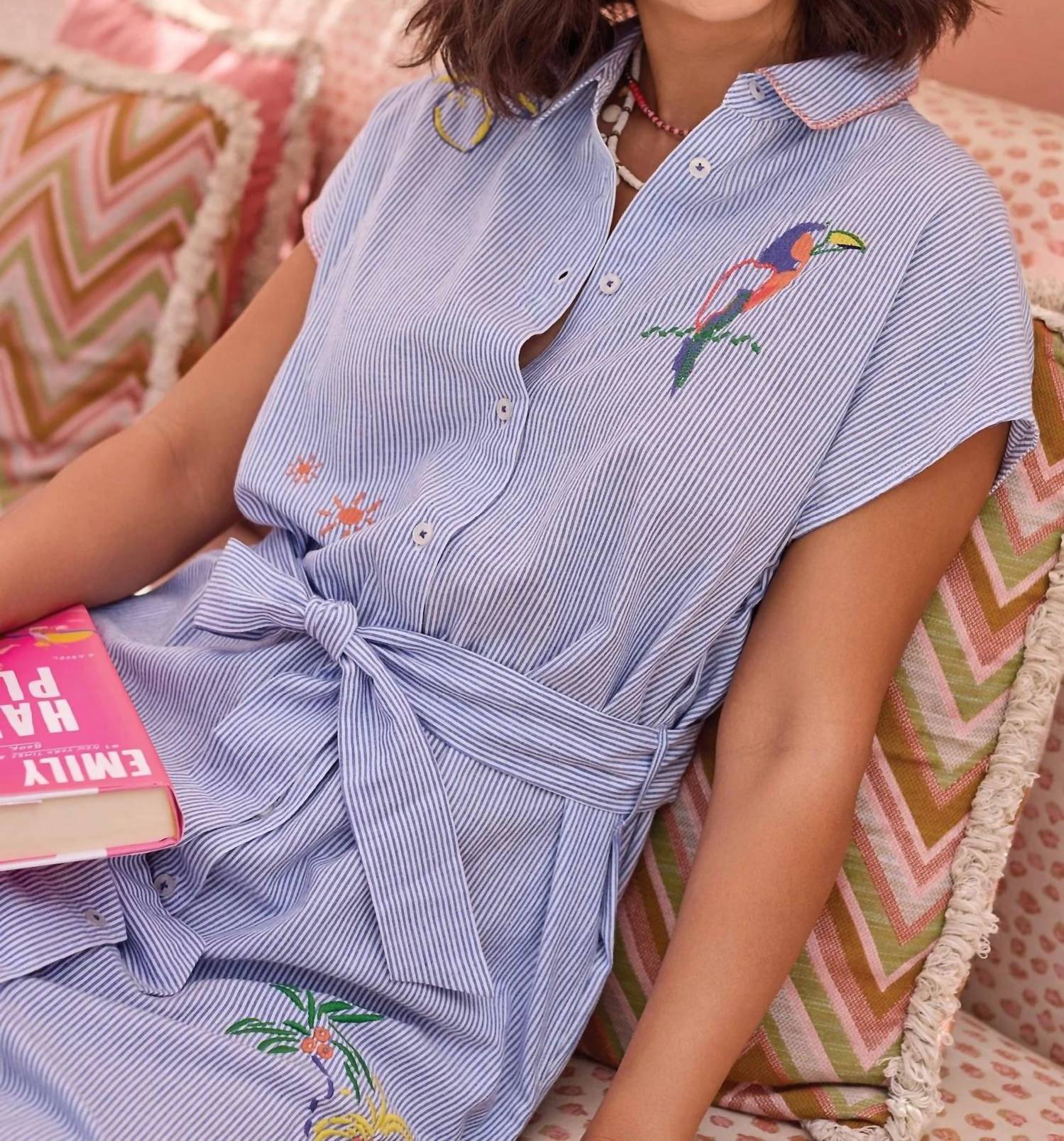 Tribal - Embroidered Stripe Belted Shirt Midi Dress