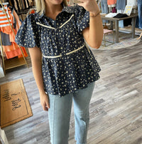 Entro - Floral Tie Detail Bubble Sleeve Top