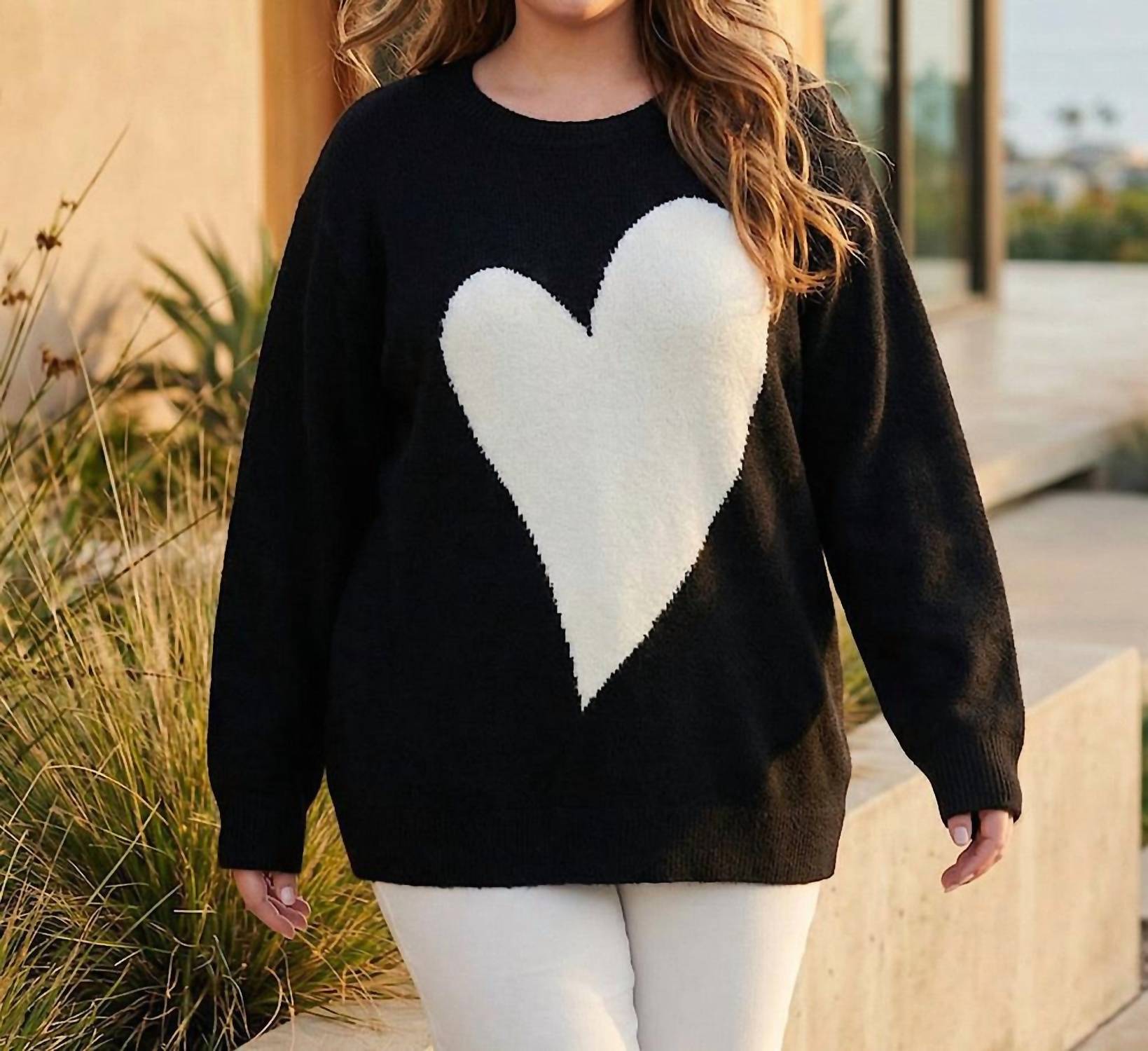 Karen Kane Heart Jacquard Long Sleeve Sweater - Plus in black and cream - women's sweater - view 5