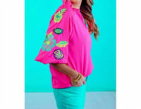 Jess Lea Embroidered Puff Sleeve Top in hot pink - women's blouse - alternate view