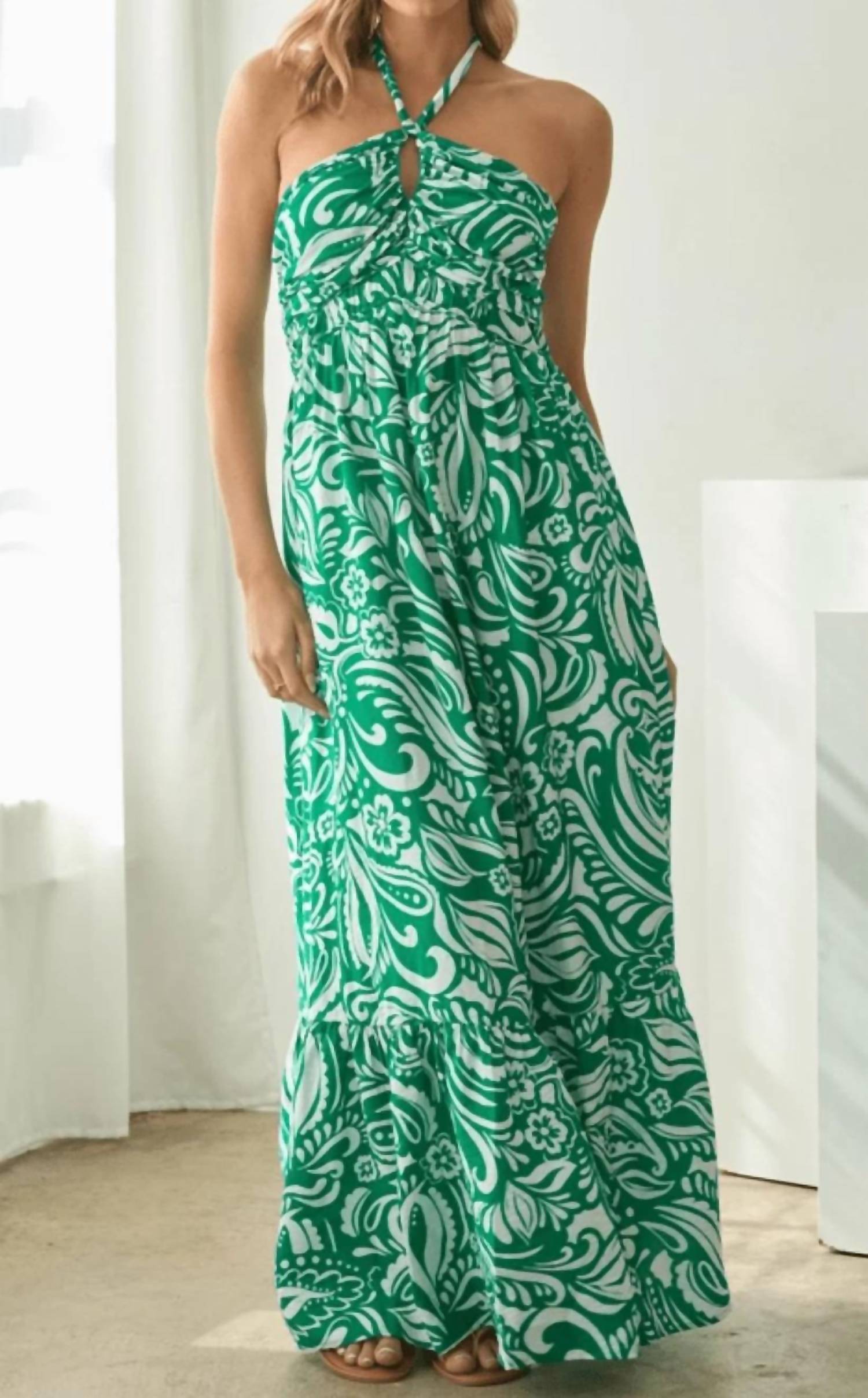 Skies Are Blue - Floral Paisley Print Halter Neck Maxi Dress