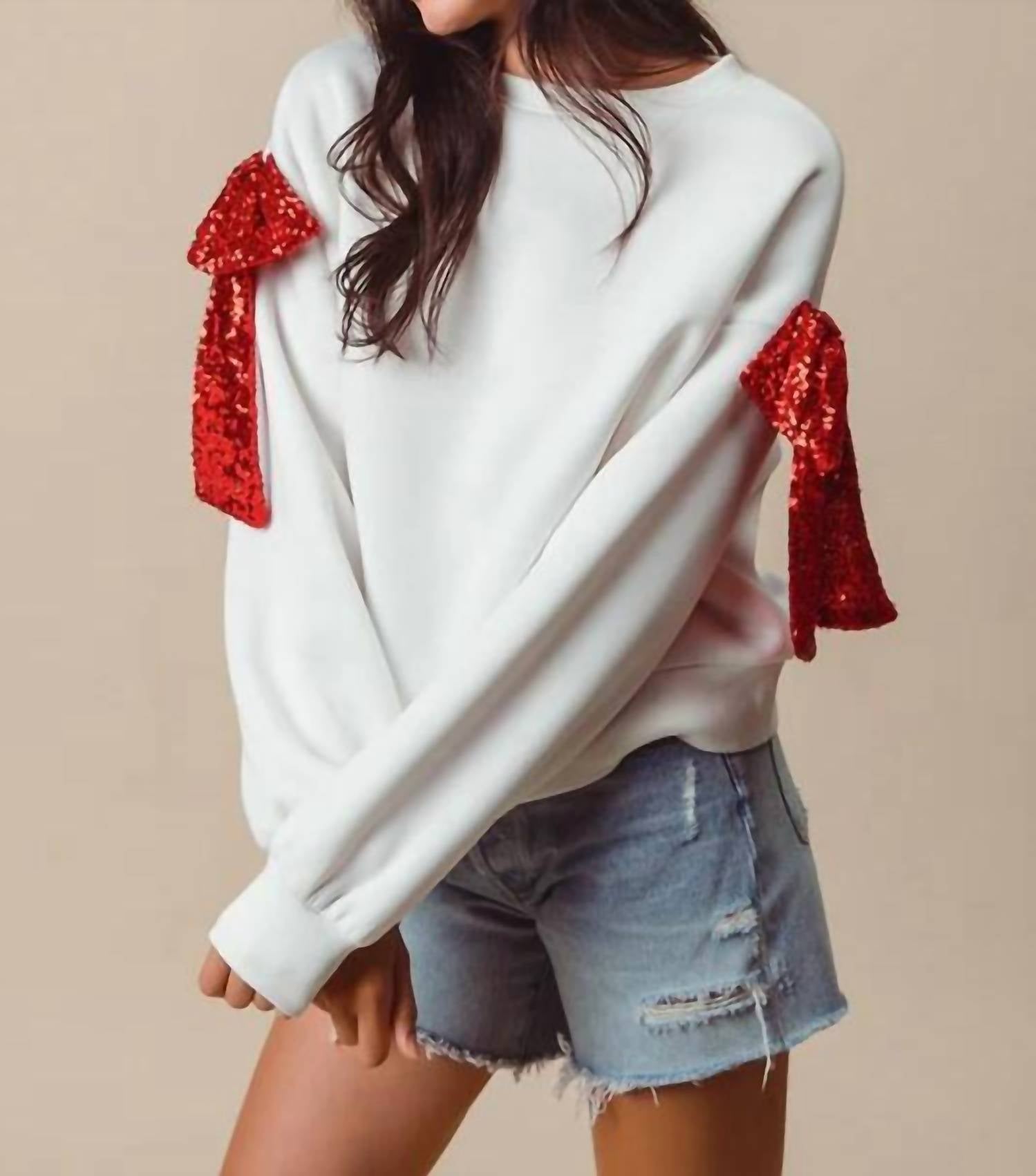 Fantastic Fawn - Sequin Bow On Sleeve Sweatshirt