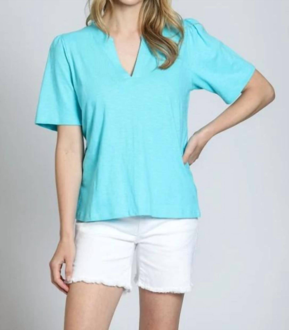 Apny - Split Neck Tee With Short Sleeve