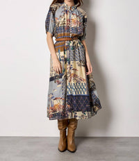 APRICOT Patchwork Art Midi Dress in navy - women's dress