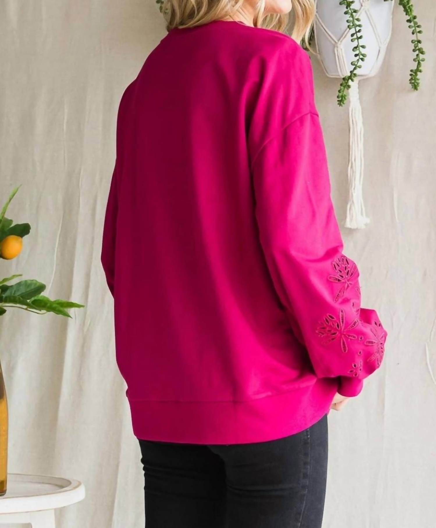 Cotton Bleu - Embroidery Sleeve Cotton Terry Pullover Top