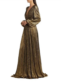 Badgley Mischka - Foil Pleated Plunge Gown