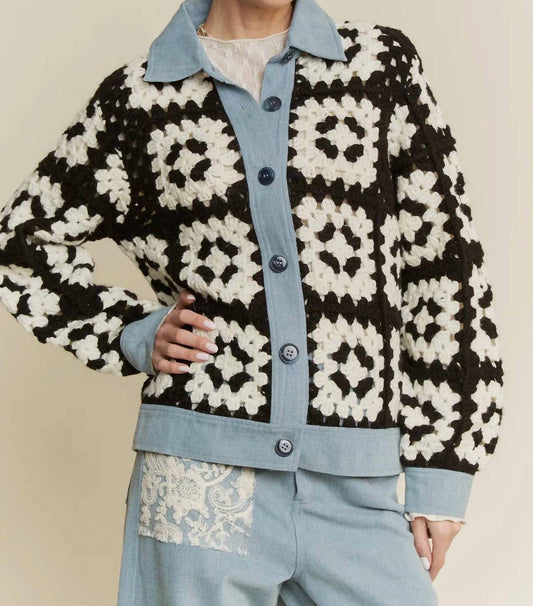 Davi & Dani - Crochet Bodice & Denim Detail Button Front Shirt Jacket