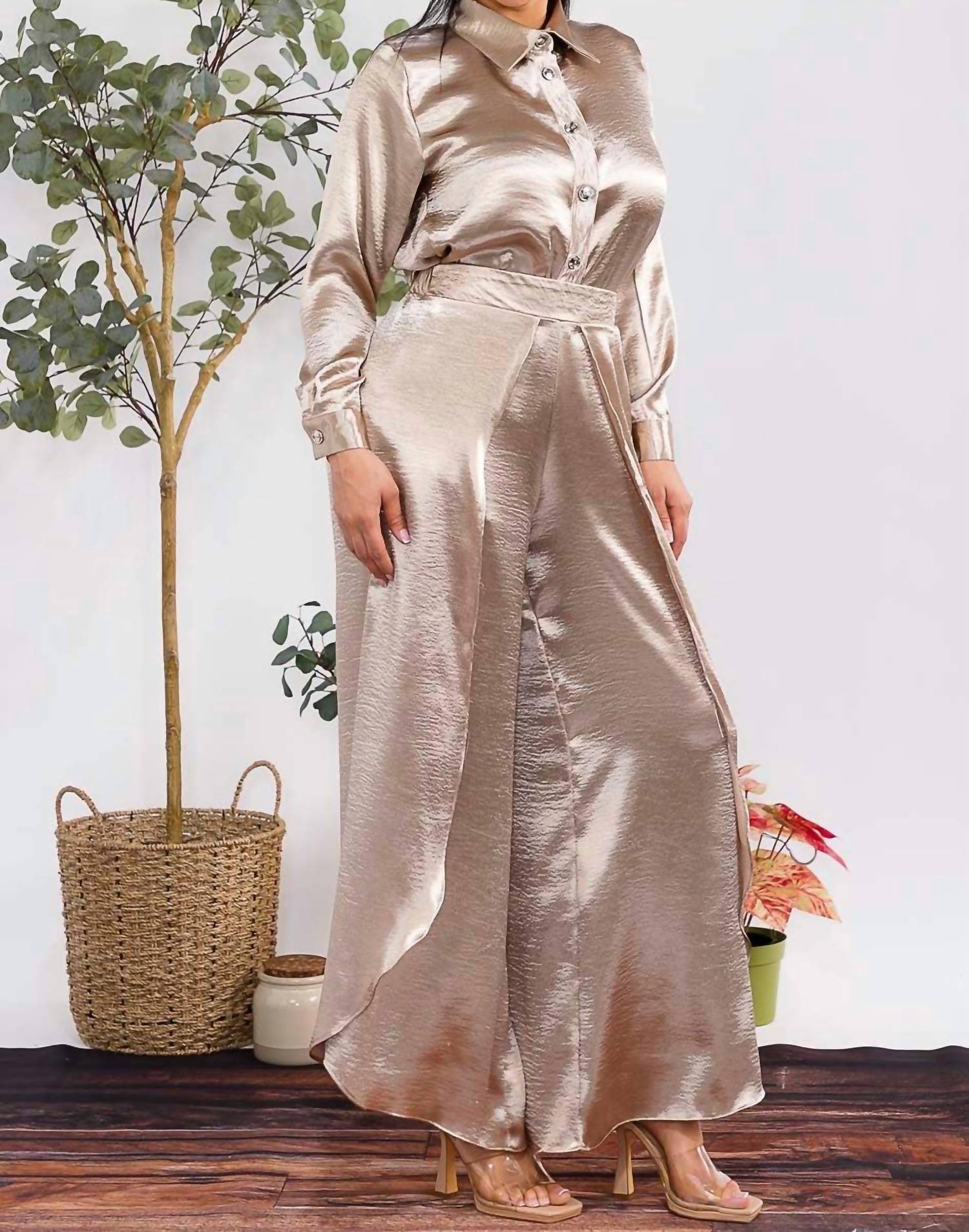 Karen T Design - Button Down Shirt And Open Pants Set