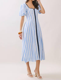 Tcec - Striped Square Neck Midi Dress With Contrast Piping