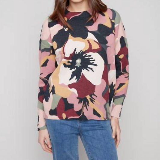 Charlie B - Printed Crew Neck Sweater With Sleeve Zippers