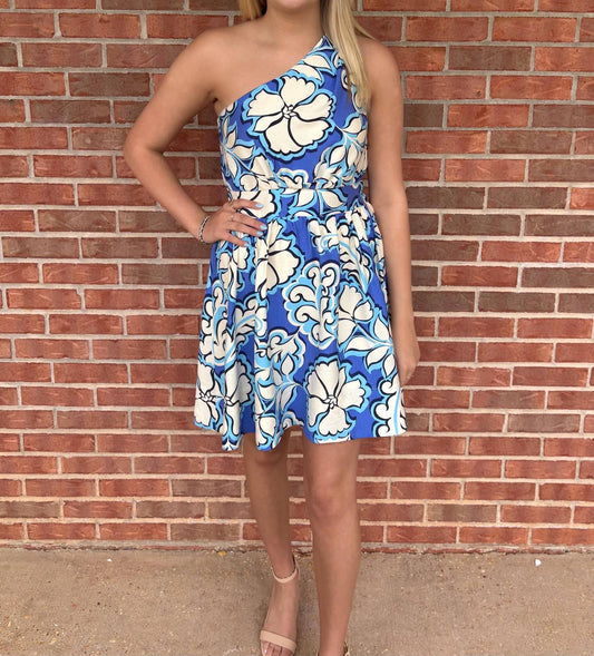 Meet Me In Santorini - Azure Bloom One Shoulder Dress