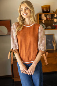 Voy - Color Block Textured Knit Bow Tie Sleeve Top