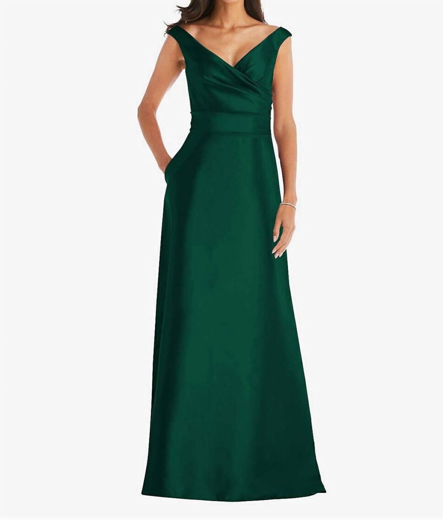 Alfred Sung - Off Shoulder Draped Wrap Satin Maxi Dress