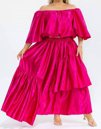 Karen T Design - Off Shoulders Crop Top And Asymmetric Ruffled Skirt Set