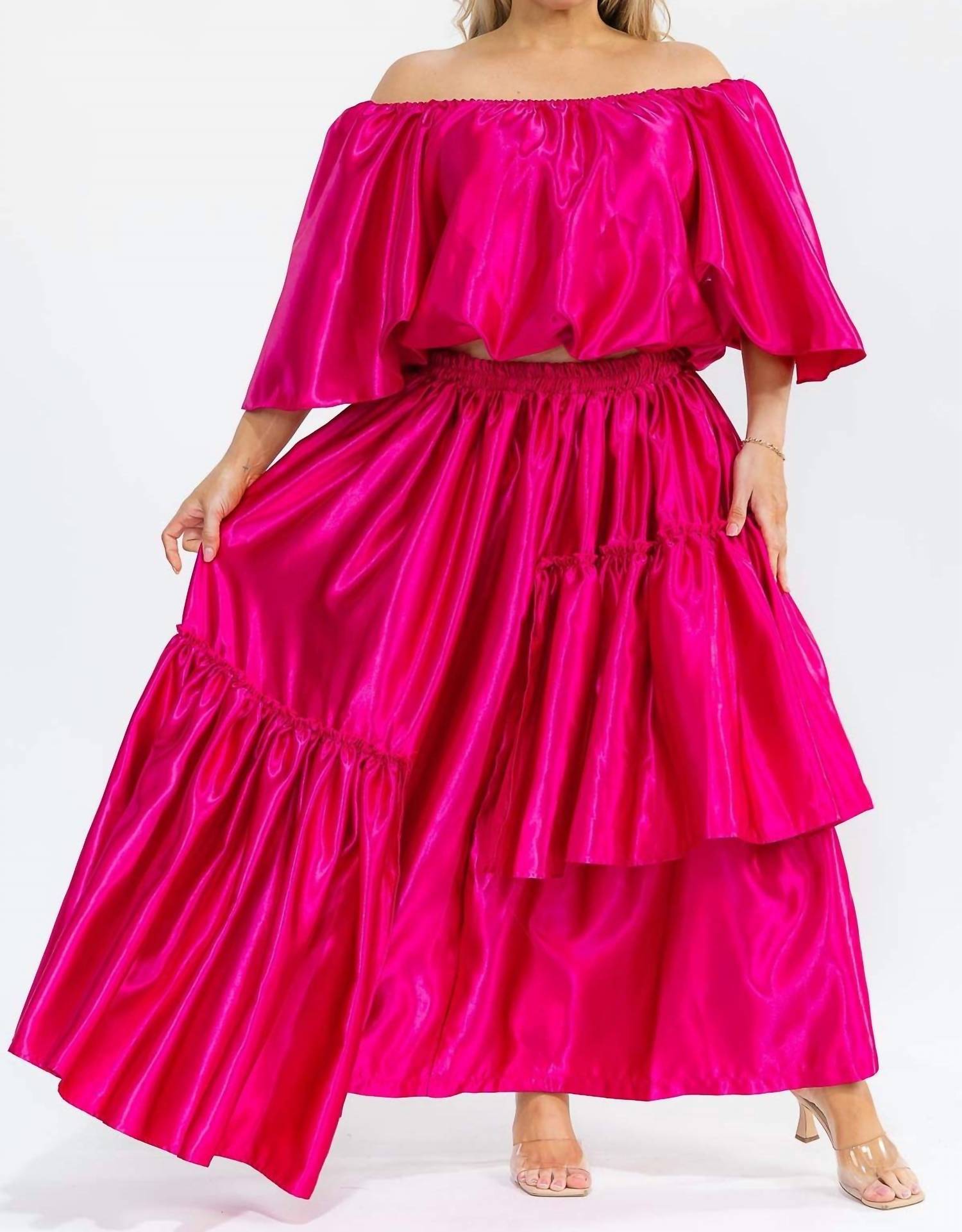 Karen T Design - Off Shoulders Crop Top And Asymmetric Ruffled Skirt Set