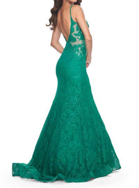 La Femme Lace Mermaid Rhinestone Gown in jade - women's dress - alternate view