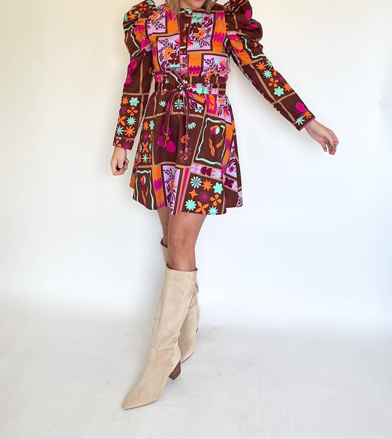 Karlie - Floral Frame Puff Sleve Shirt Dress
