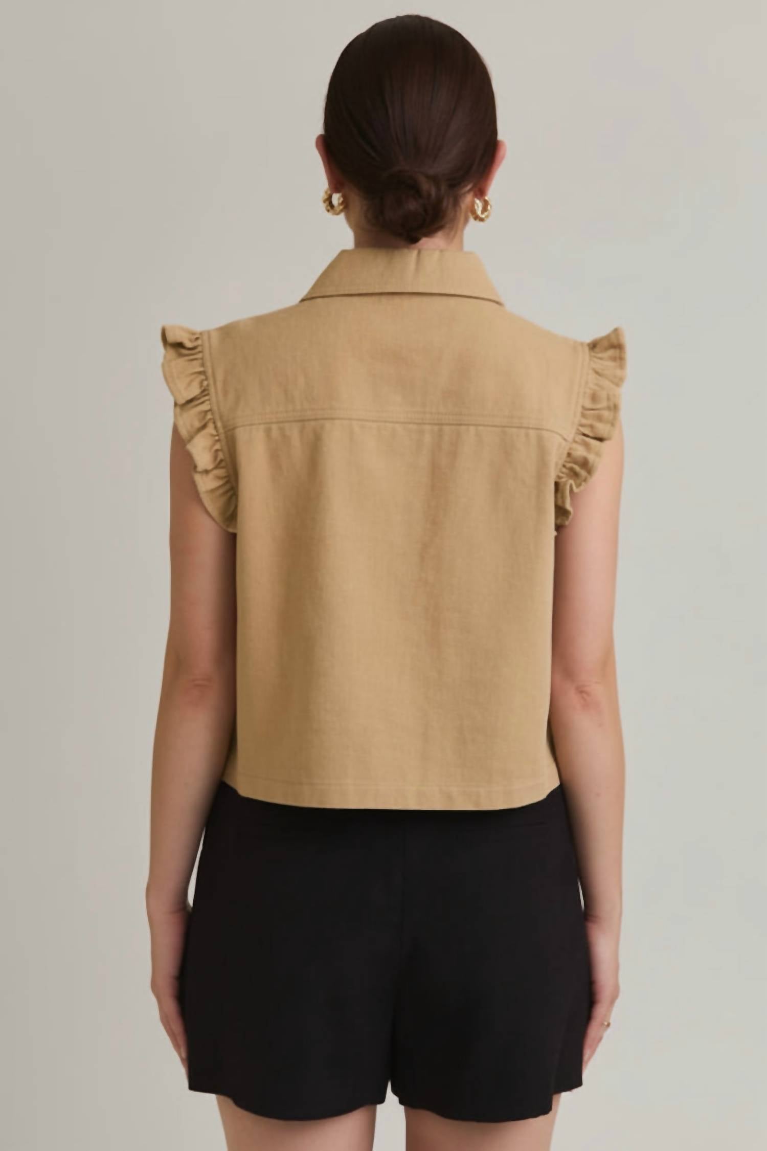 GILLI Peyton Ruffle Detail Jean Vest in taupe denim - women's jacket - view 5