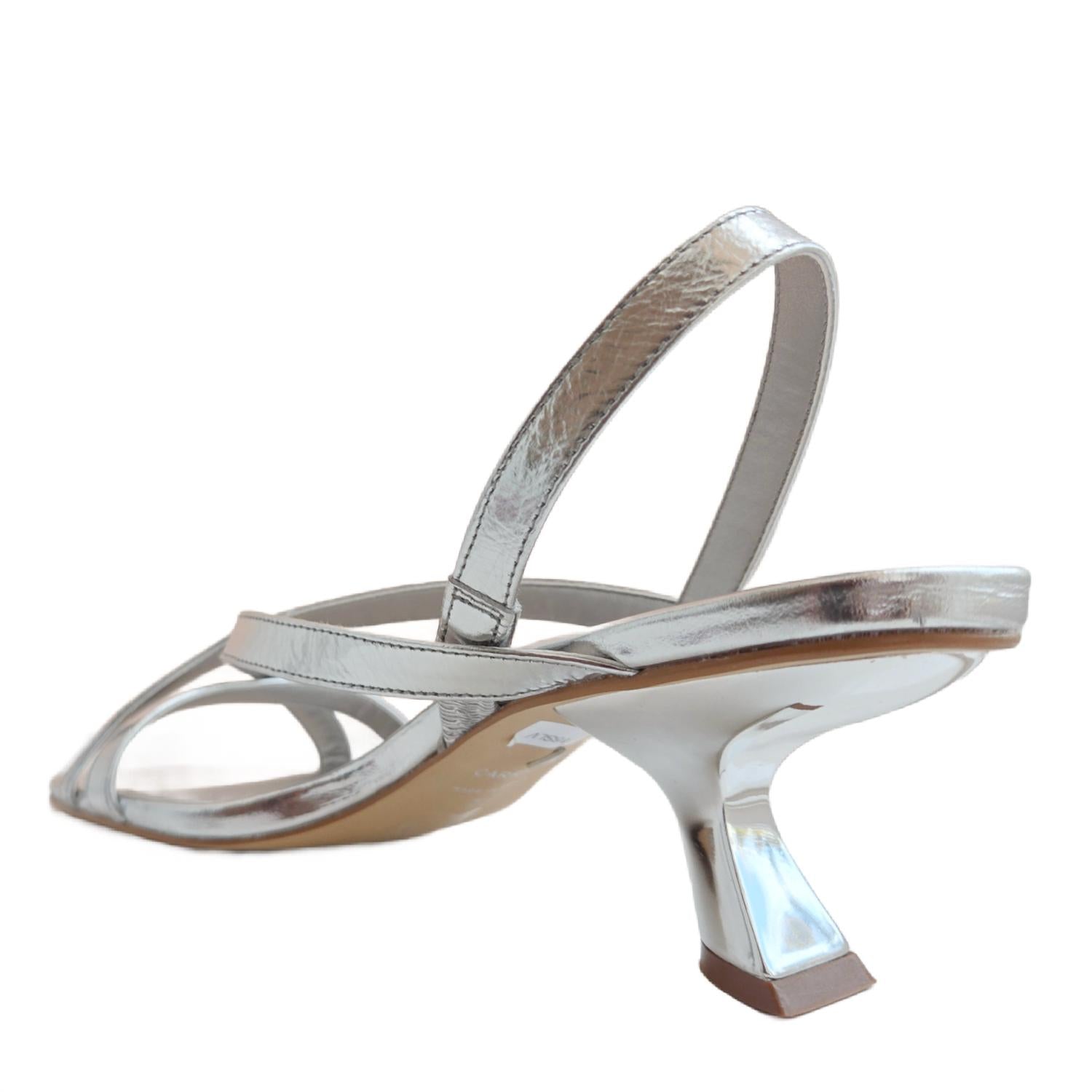 Carrano Women's Heeled Strappy Sandal in metallic silver - women's heels - detail view