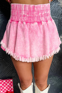 Lovesoft - Smocked Waistband Frayed Denim Skort