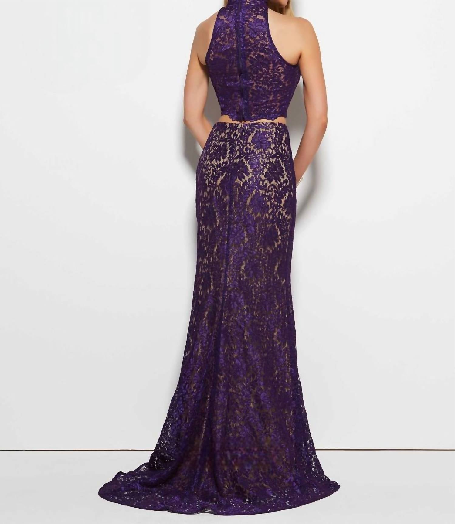 Mac Duggal - Lace Two-Piece Halter Neck Gown
