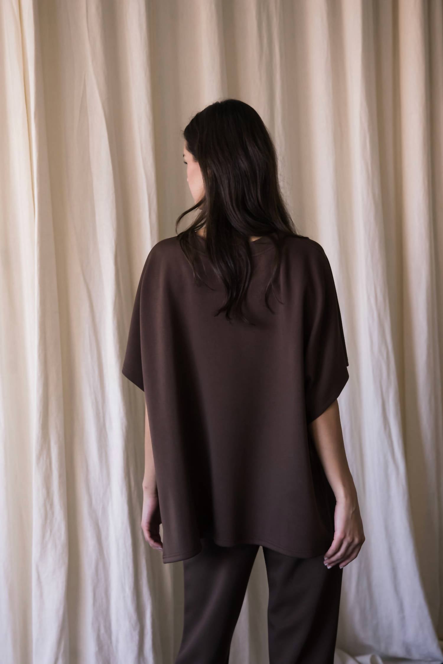 P.CILL Side Slit Cape Top in cocoa - women's blouse - detail view