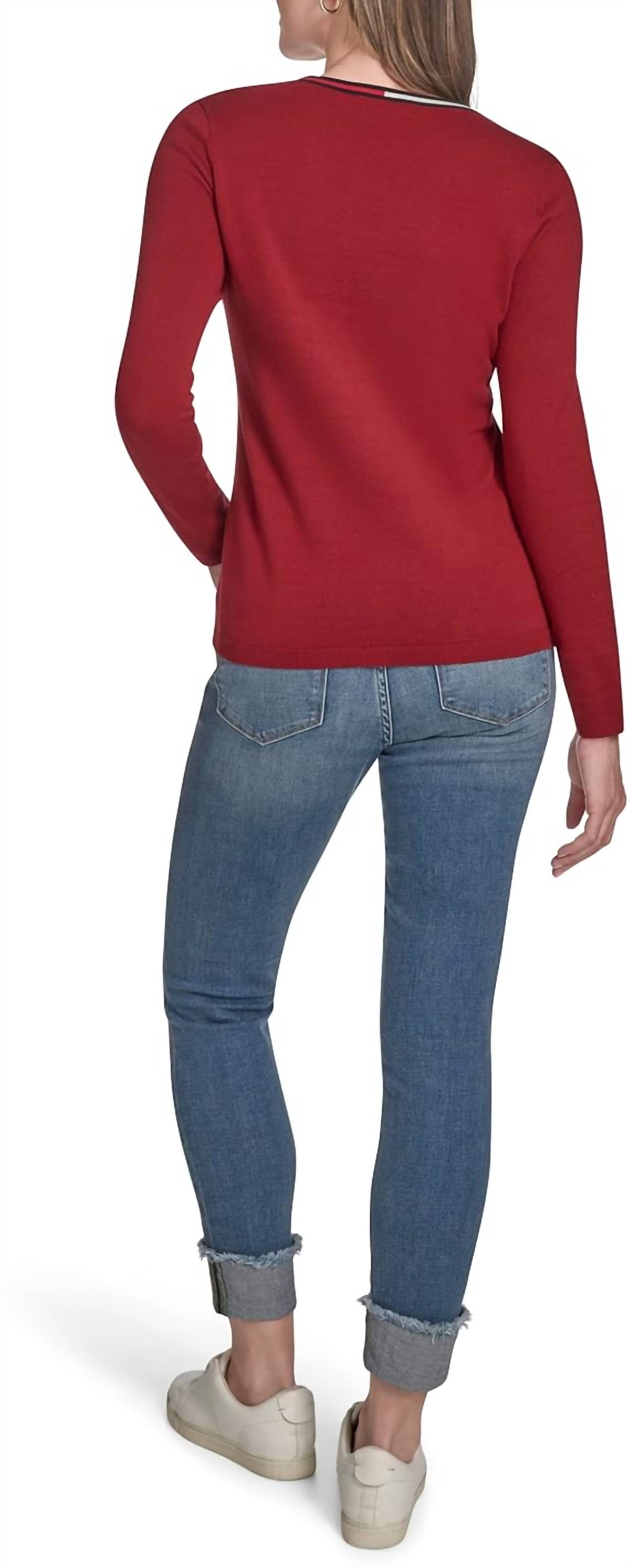 Tommy Hilfiger V-neck Long Sleeve Sweater With Striped Neckline in maroon - women's sweater - alternate view