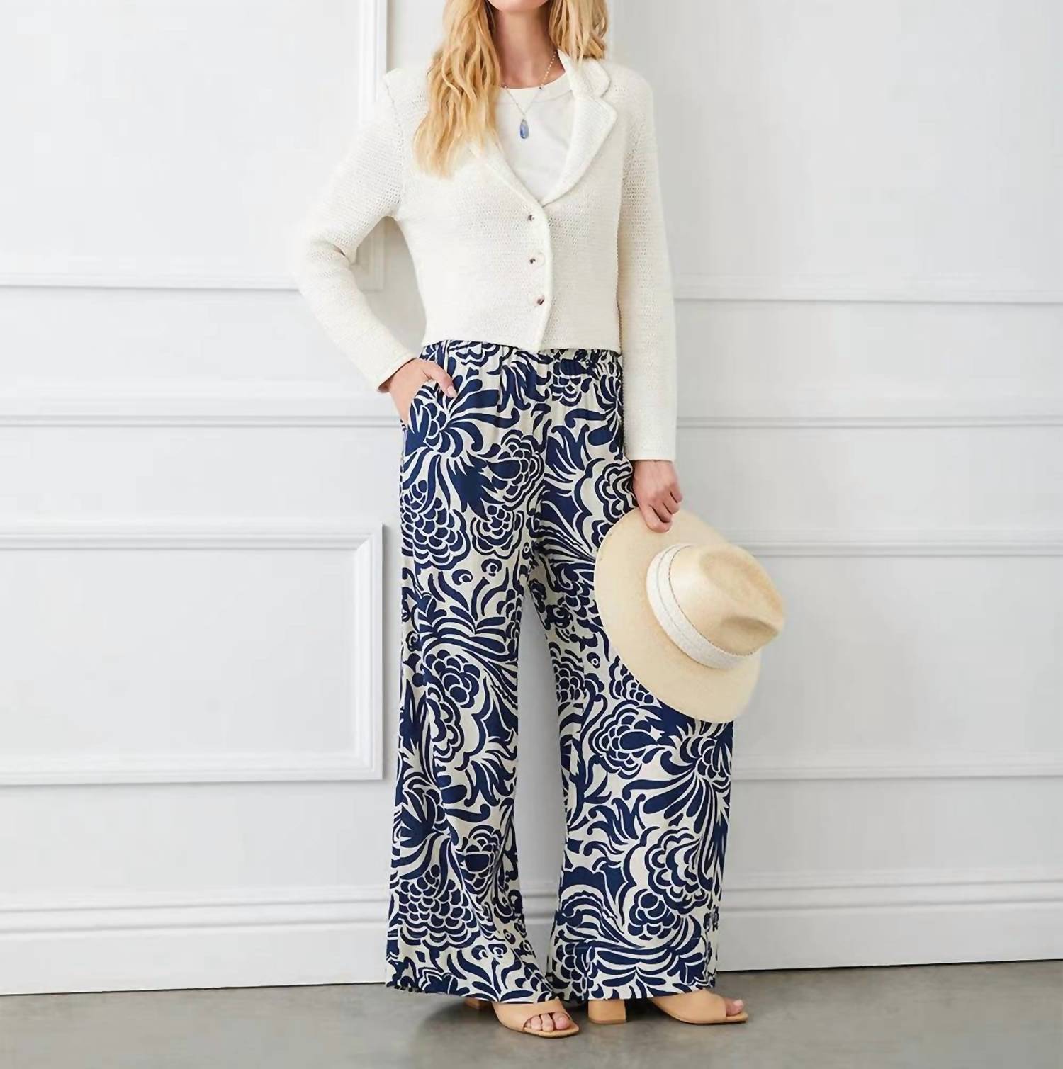 Karen Kane Nils Print Wide Leg Pants in navy and cream - women's pants - alternate view
