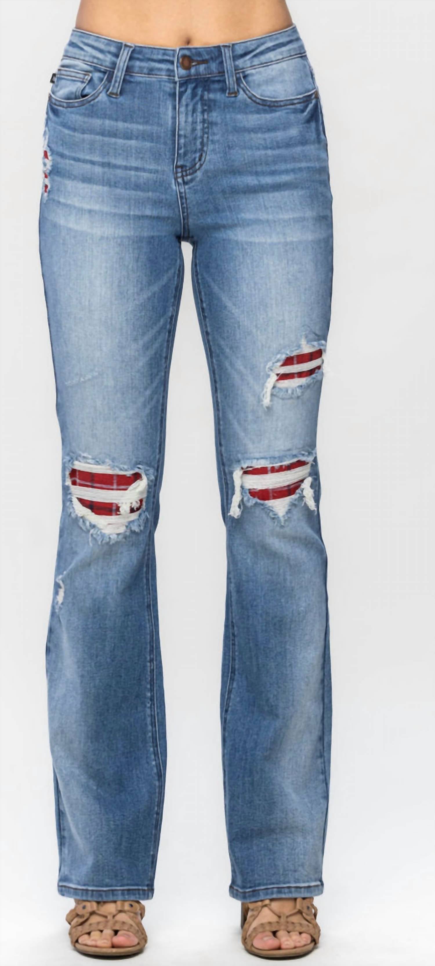 Judy Blue - Livin' In Plaid Patch Mid Rise Boot Cut Jean