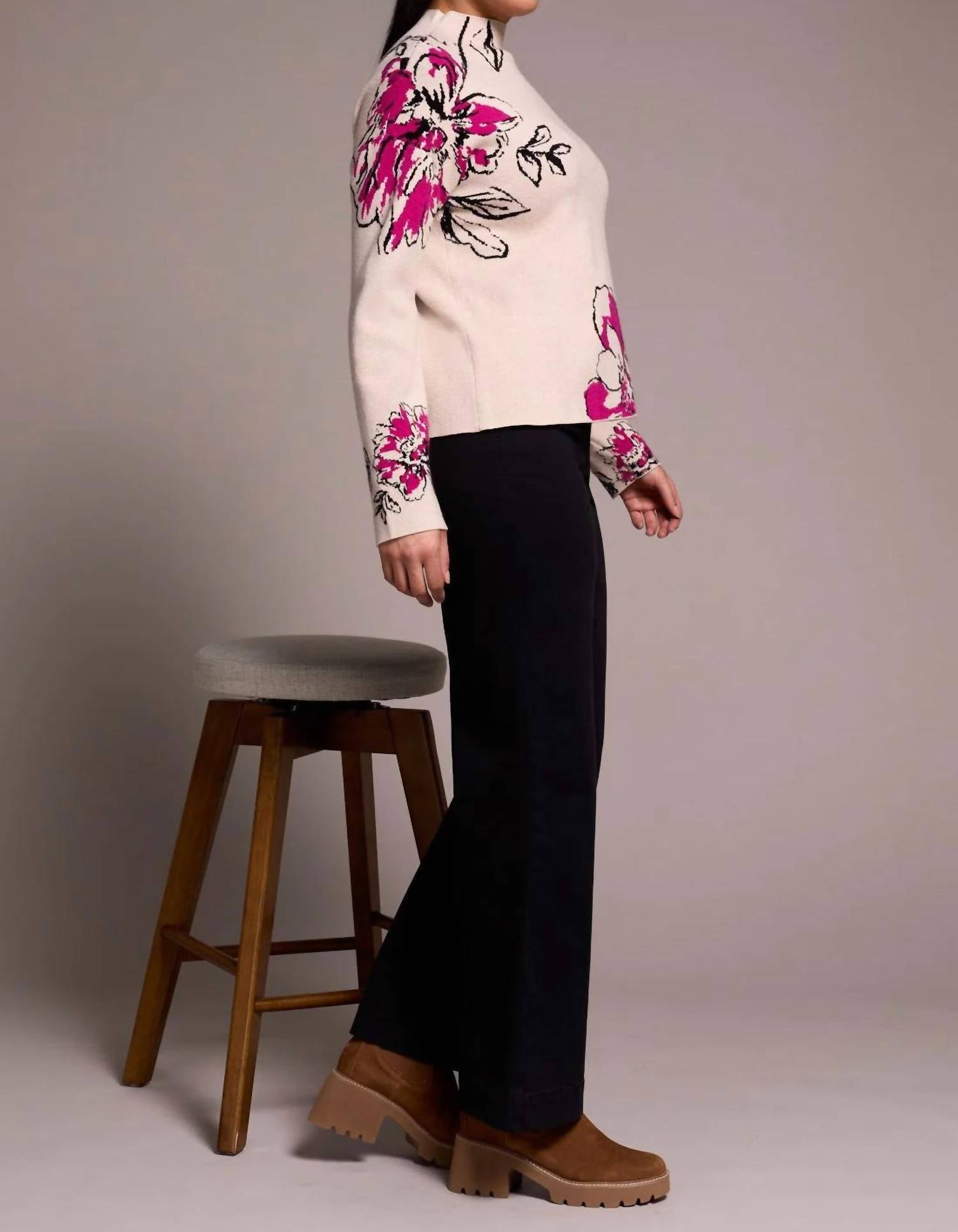 TRIBAL Kathleen Knit Jacquard Funnel Neck Sweater in pink flambe - women's sweater - alternate view