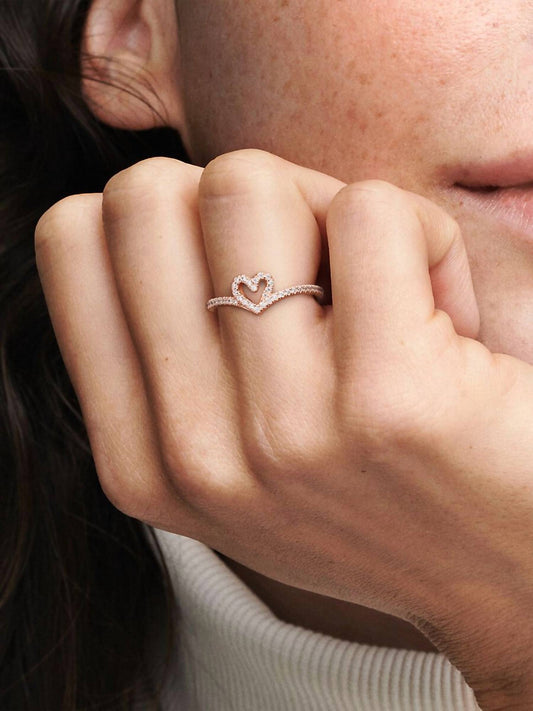 Pandora - Women's Sparkling Wishbone Heart Ring
