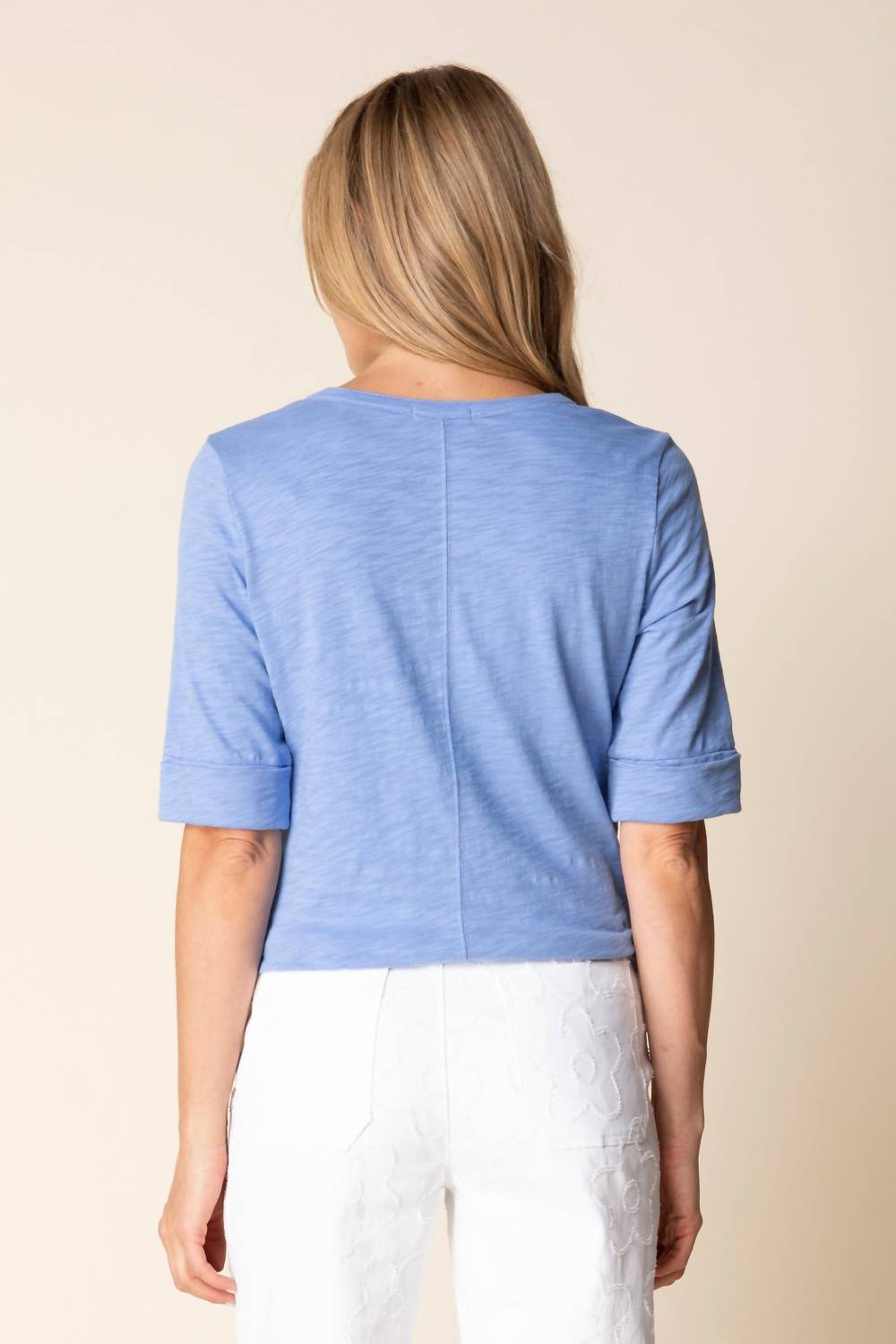 habitat Split Neck Elbow Sleeve Tee in sky - women's blouse - alternate view