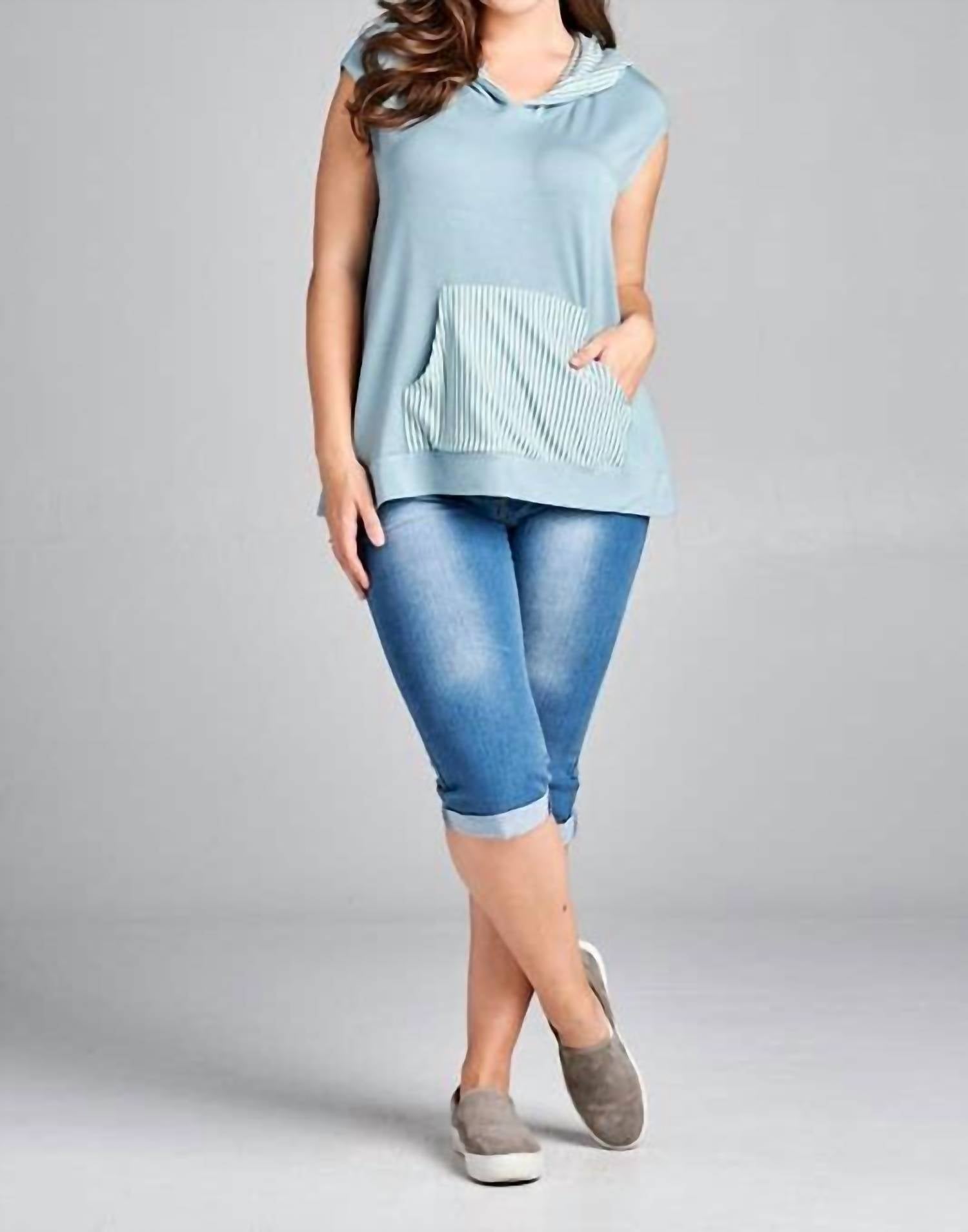 Emerald Collection Mini Sleeve Casual Hoodie Top - Plus in dusty blue - women's top
