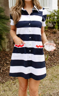 Sail To Sable - Short Sleeve Button Front Shift Dress