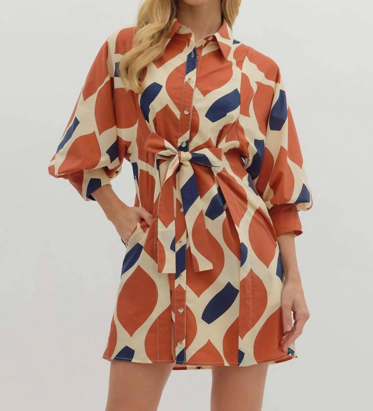 Entro - Women's Abstract Print Self Tie Shirt Dress