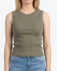 Miou Muse - CROCHET RUFFLE TRIM RIBBED TOP