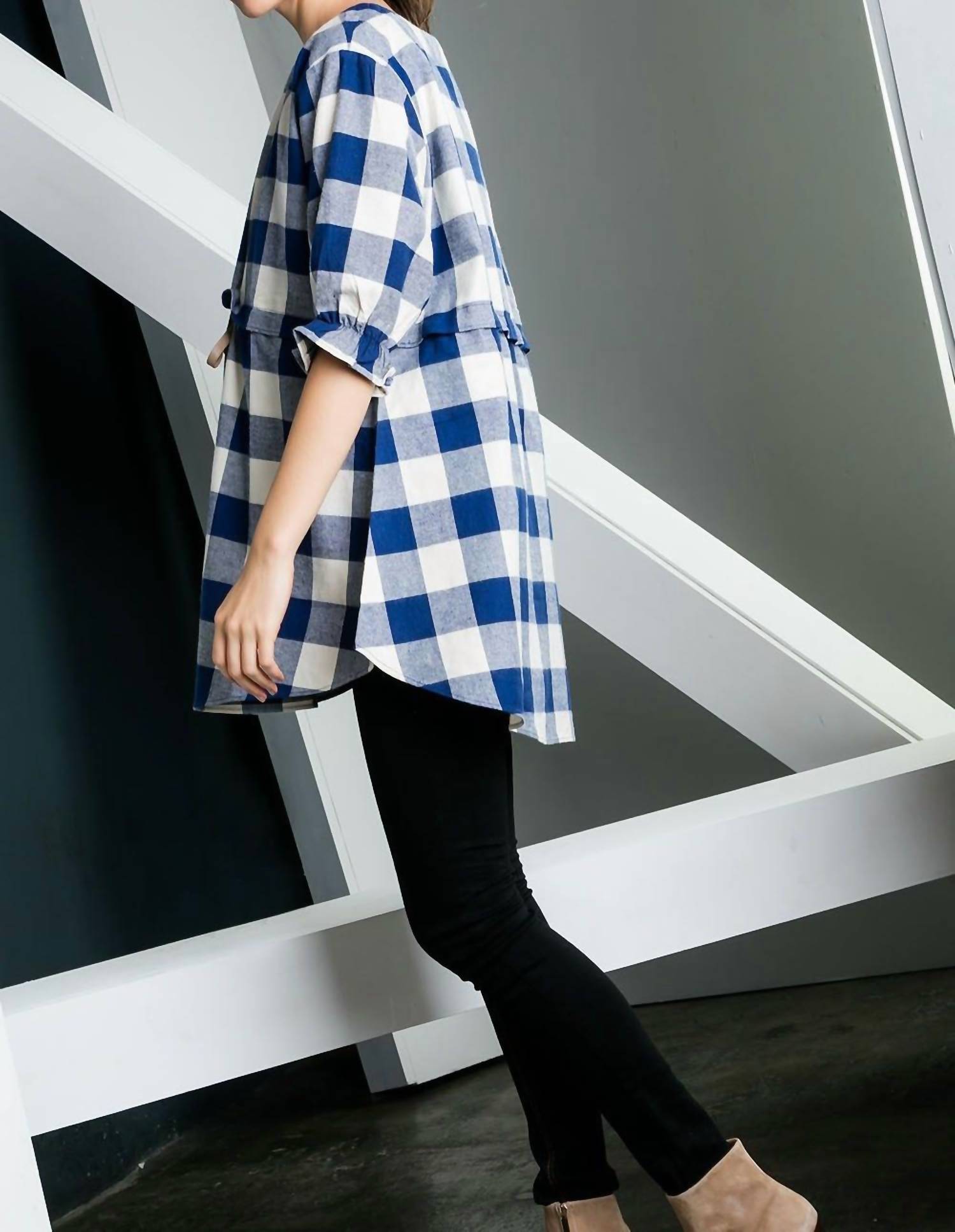 THML Checkered Past Tunic Top in blue - women's shirt - view 4