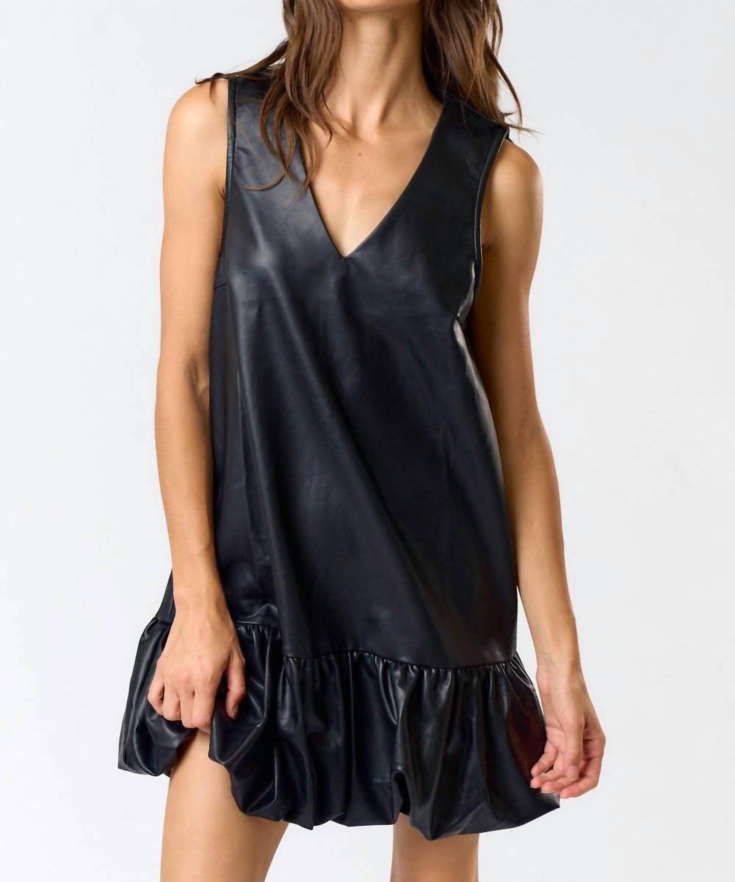Lalavon - Leather Bubble Hem Mini Dress
